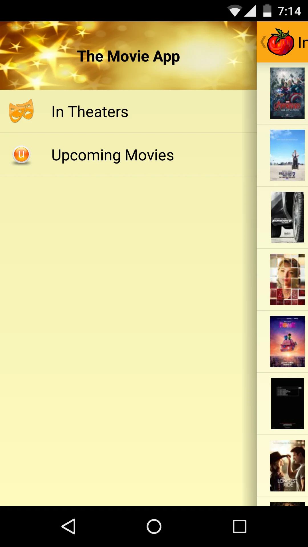 MovieBuddy Android app interface showing movie discovery features with film information, ratings, and showtimes